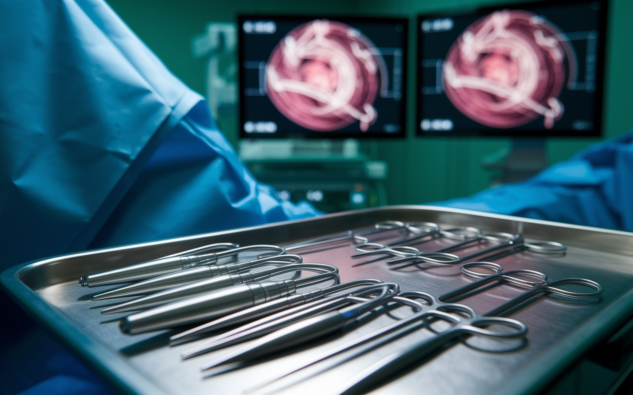 A detailed close-up of robotic surgical instruments on the patient-side cart, showcasing sleek, metallic tools glistening under the operating room lights. The instruments include various grips and attachments specifically designed for robotic surgeries. A high-definition 3D camera is positioned alongside the instruments, projecting a clear view of surgical tissues on nearby monitors, illustrating a blend of technology and advanced surgical care.