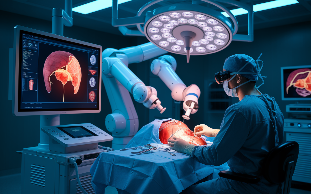 A sophisticated surgical environment where a surgeon, seated at a console, is engaged in performing a robotic surgery while using augmented reality. The display shows an overlay of anatomical structures in 3D, highlighting critical areas for the procedure. The operating room is filled with state-of-the-art technology, and robotic arms are seen in action on a patient. The atmosphere is high-tech and focused, emphasizing the integration of AR with robotic surgical systems.