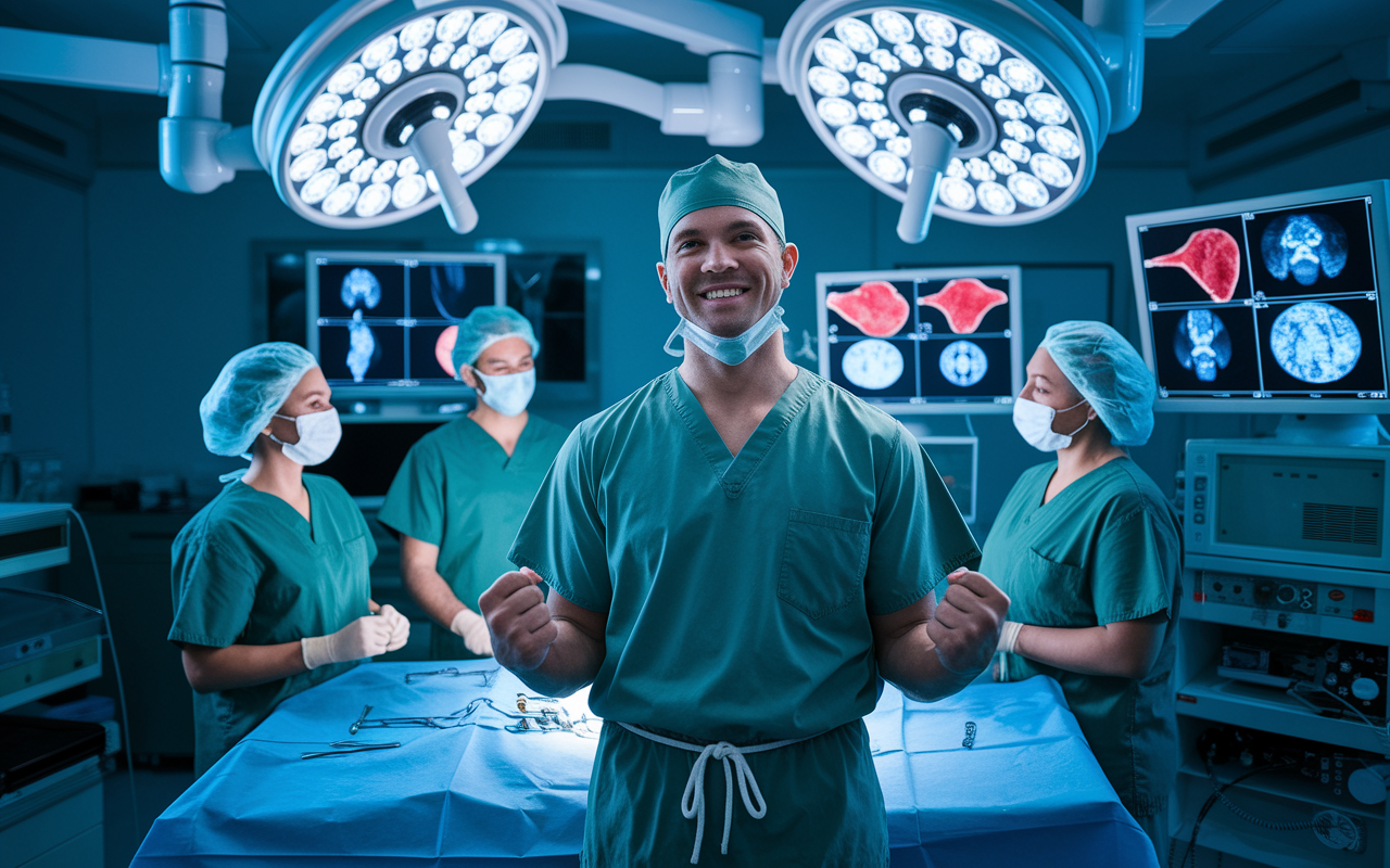 A triumphant scene depicting a surgeon celebrating after a successful robotic surgery, standing in an operating room filled with advanced technology and robotic systems. The surgeon, wearing scrubs and a surgical mask, has a smile of satisfaction, with a medical team gathered around in support. Monitors showing positive surgical outcomes illuminate the background. The atmosphere is filled with a sense of accomplishment and cutting-edge medical achievement.