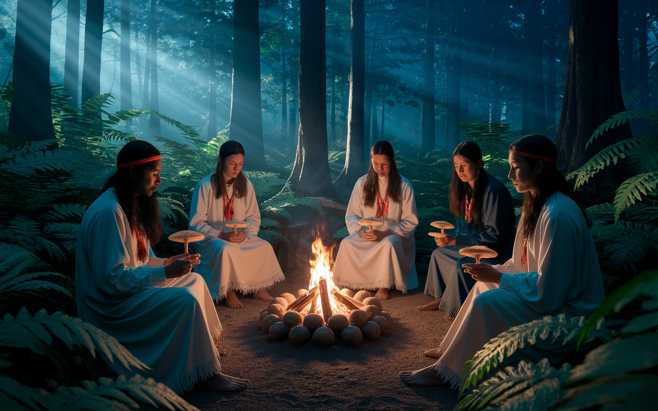 A serene Indigenous ritual scene set in a dense forest, with individuals dressed in traditional attire sitting in a circle around a small fire, illuminated by soft light. Some hold psilocybin mushrooms, while others engage in meditative practices. The atmosphere is tranquil, surrounded by the vibrant green of nature, with shadows dancing around as the flames flicker.