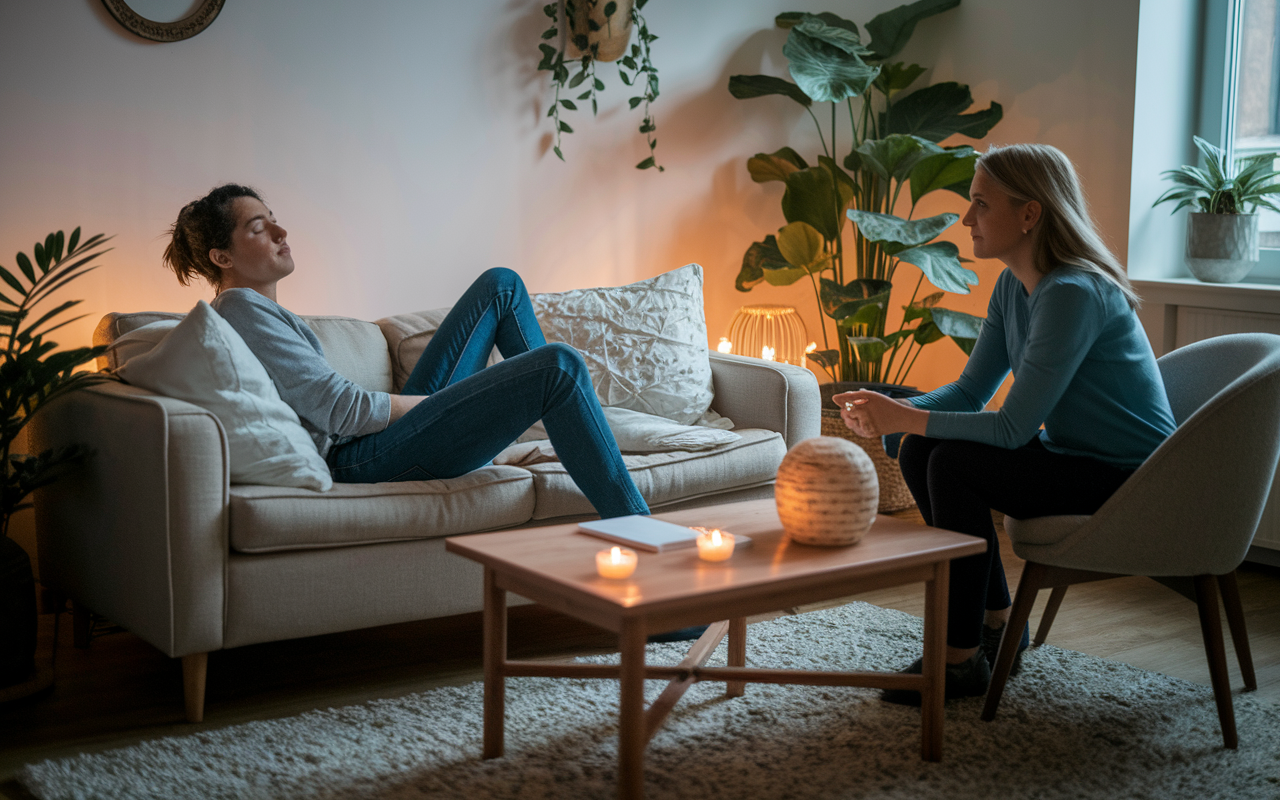 An intimate psilocybin therapy session in a softly lit room, two individuals are seated across from each other. One is a patient relaxed on a comfortable couch with eyes closed, experiencing the effects of psilocybin, while a trained therapist observes closely. The room is adorned with calming decor, plants, and a gentle glow from candles, creating a safe and nurturing environment.