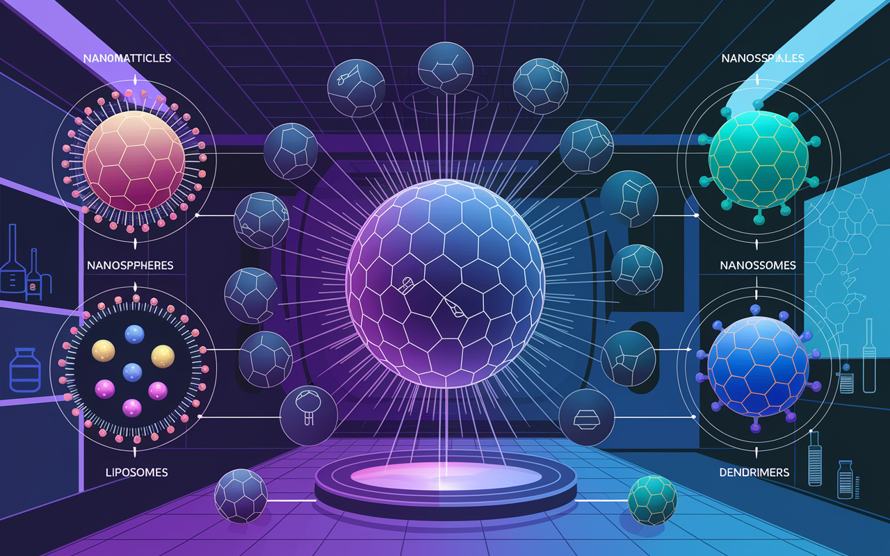 An educational illustration of various types of nanomaterials such as nanoparticles, nanocapsules, nanospheres, liposomes, and dendrimers. Each type is showcased in a vibrant color, annotated with brief descriptions, surrounded by a backdrop of molecular structures. The image conveys a scientific and informative atmosphere, with a modern lab setting visible in the background, showcasing advanced research techniques.