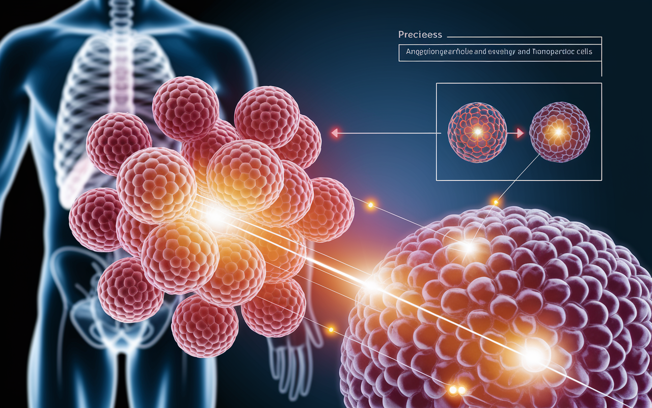 A dynamic visualization of targeted drug delivery using nanoparticles. The image shows a close-up of nanoparticles binding to cancer cells, highlighted with bright colors to represent the drug release process. The background features a partially transparent human body and a diagram illustrating the interaction between nanoparticles and tumor cells. The scene conveys precision and innovation, with glowing effects to emphasize the active targeting of the nanoparticles.