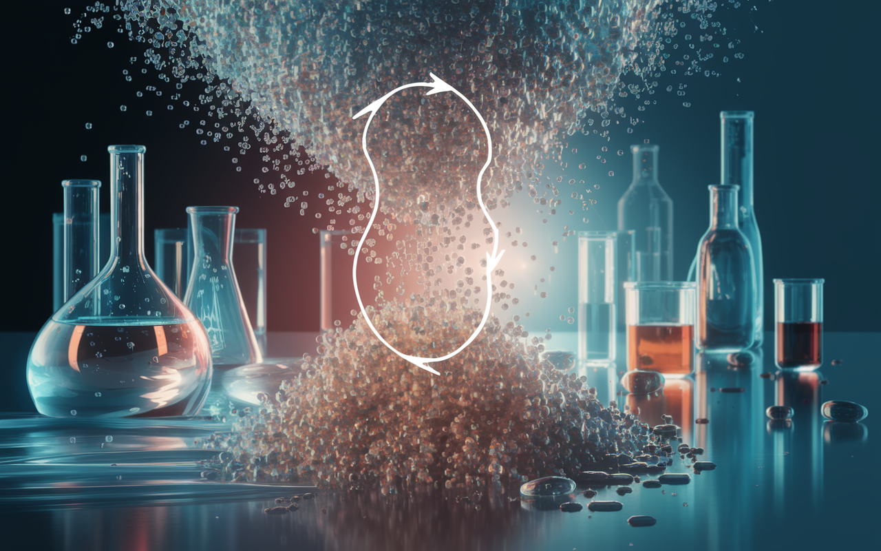 An artistic depiction of nanotechnology enhancing the bioavailability of drugs. The scene shows crystalline nanostructures dissolving in fluid, with arrows indicating improved absorption into bloodstream. Background features scientific equipment and lab settings, while the foreground highlights the transformation of a poorly soluble drug into a more bioavailable form. The image encapsulates the intersection of science and technology, with a modern aesthetic and bright colors.