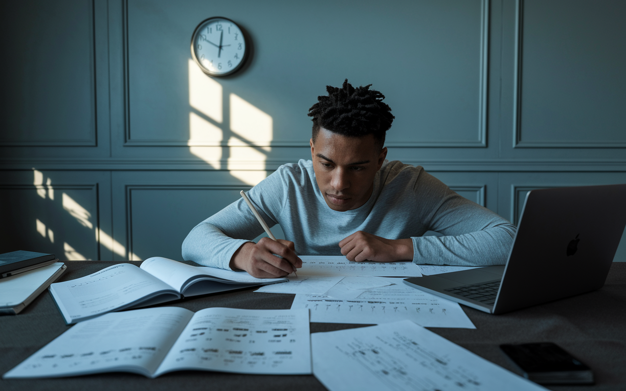 A focused student in a quiet study room, taking a timed MCAT diagnostic test on a laptop. The atmosphere is serious and tense as the clock on the wall ticks down. Papers and textbooks are scattered around, displaying notes and diagrams. The ambient light casts soft shadows, enhancing the sense of an intense study session.