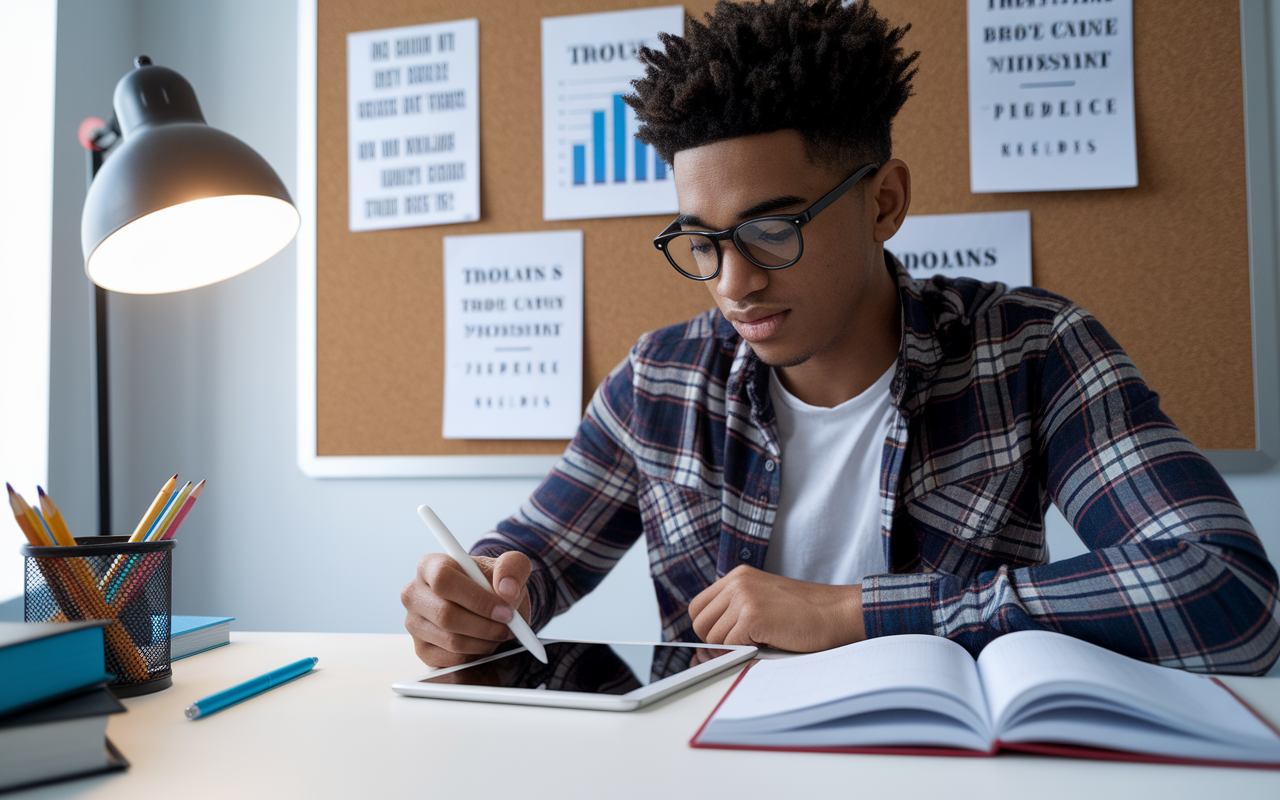 A determined student in a well-lit study space, systematically answering MCAT practice questions on a tablet. A corkboard in the background showcases motivational quotes and performance graphs, indicating a focused study environment. The light is bright and inspiring, enhancing the feeling of productivity and preparation.