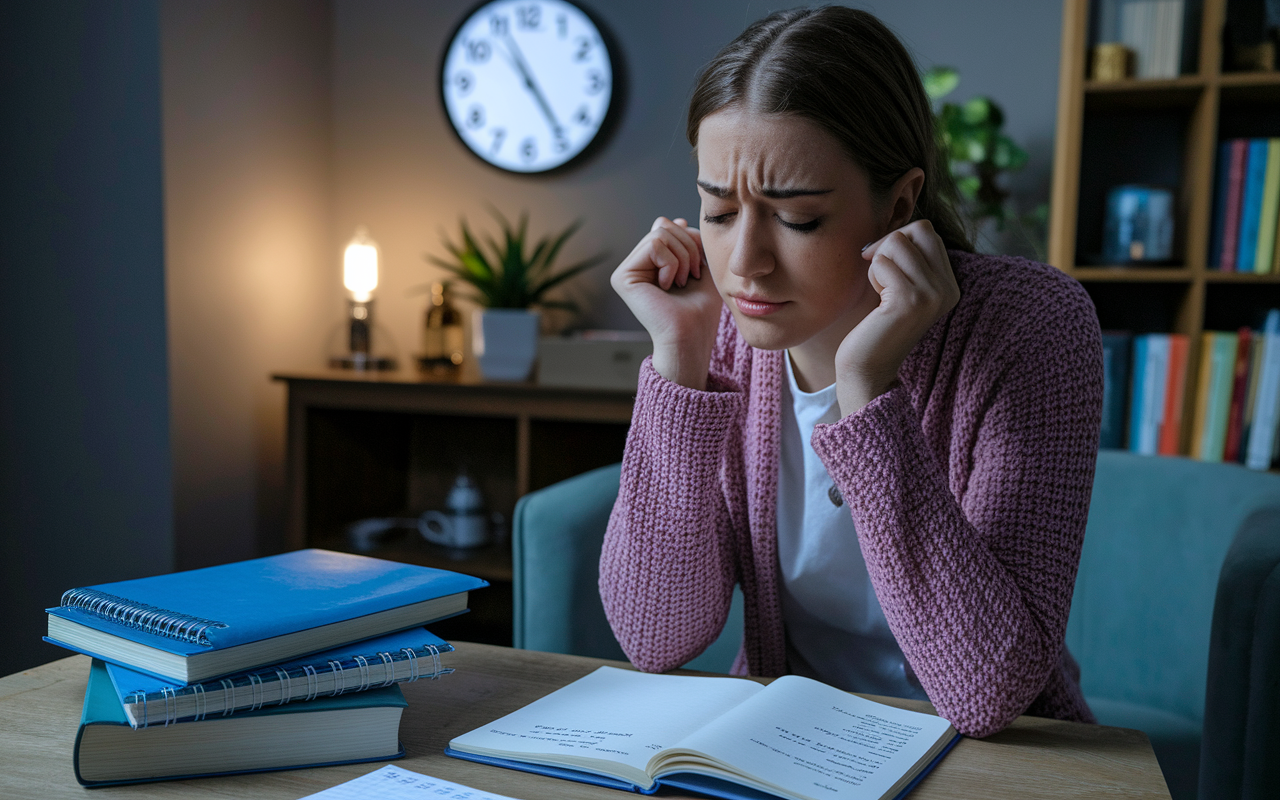 An anxious yet confident student in a cozy room, surrounded by MCAT study materials, prepping for the exam with deep concentration. A clock in the background indicates time running out with soft lighting creating a sense of determination and calm. The student takes a deep breath, visibly practicing calming techniques while glancing over a notebook filled with key concepts and strategies.