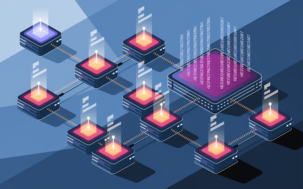 A dynamic illustration portraying the process of blockchain transactions in healthcare. Include visual representations of nodes in a network communicating with each other through glowing lines, conveying data integrity and security. The scene should have a light gradient background, highlighting the multiple layers of interconnected blocks and showcasing a tamper-proof digital ledger filled with health records.