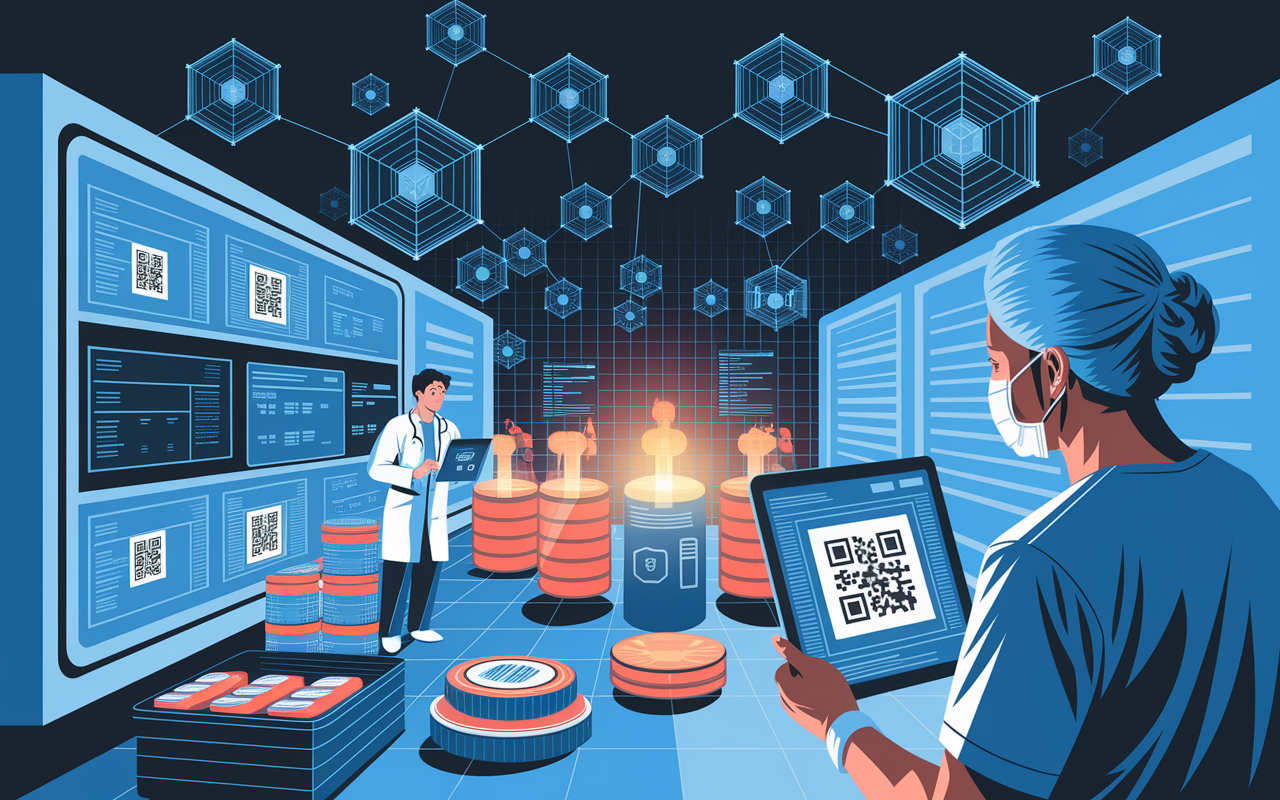 An engaging digital artwork capturing the integration of blockchain technology within a pharmaceutical supply chain. Show visual elements like secure containers, labels with QR codes, and healthcare professionals interacting with tablets displaying block data. The environment is bright and clinical, representing safety and reliability, with a backdrop of interconnected blockchain nodes ensuring transparency.