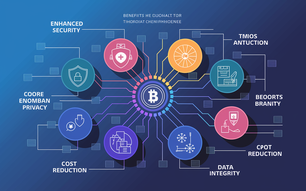 A visually appealing infographic displaying the benefits of blockchain technology in healthcare. Incorporate icons for enhanced security, privacy, cost reduction, and data integrity, with vibrant colors and clear layouts. The background should be a calming gradient, allowing the icons to stand out with dynamic lines connecting the concepts, symbolizing a cohesive healthcare system.