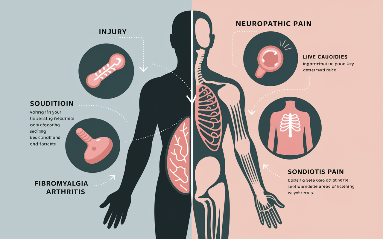 A detailed illustration showing the multi-faceted nature of chronic pain, with visual representations of different sources of pain including injury, neuropathic pain, and specific conditions like fibromyalgia and arthritis. The scene should feature a split diagram showcasing a human silhouette with highlighted areas of the body indicating pain, overlaid with descriptive elements. A soothing color palette should create an informative yet calming atmosphere, and subtle arrow markings and labels should enhance educational value.