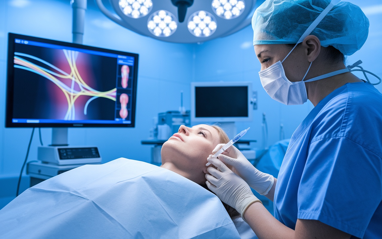 A modern, sterile medical room showcasing interventional pain procedures in action. A nearly-viewed patient is receiving a nerve block injection from a specialist, who is focused and professional. On a monitor, visuals depicting the anatomy of the affected nerve enhance understanding. The environment is clinically bright, with surgical instruments neatly organized, emphasizing precision and care in pain management.