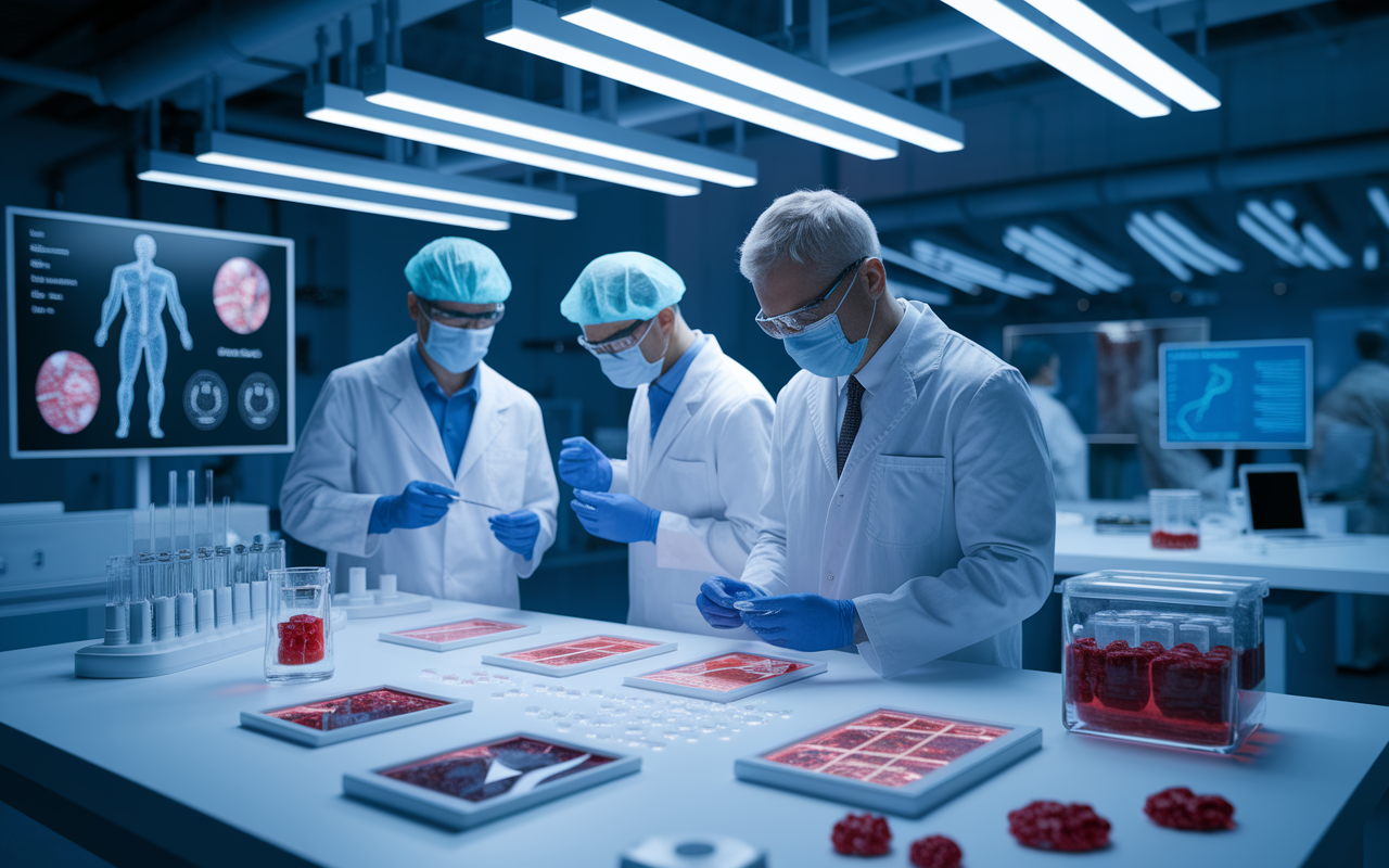 A futuristic clinical laboratory demonstrating the innovative use of biologics in chronic pain treatment. Scientists are shown working with samples of platelet-rich plasma and stem cells under bright laboratory lights. Charts and models illustrating the healing process of tissues surround the workspace, providing a sense of research and development. The scene suggests hope and the advancement of medical technology, with an emphasis on healing and regeneration.