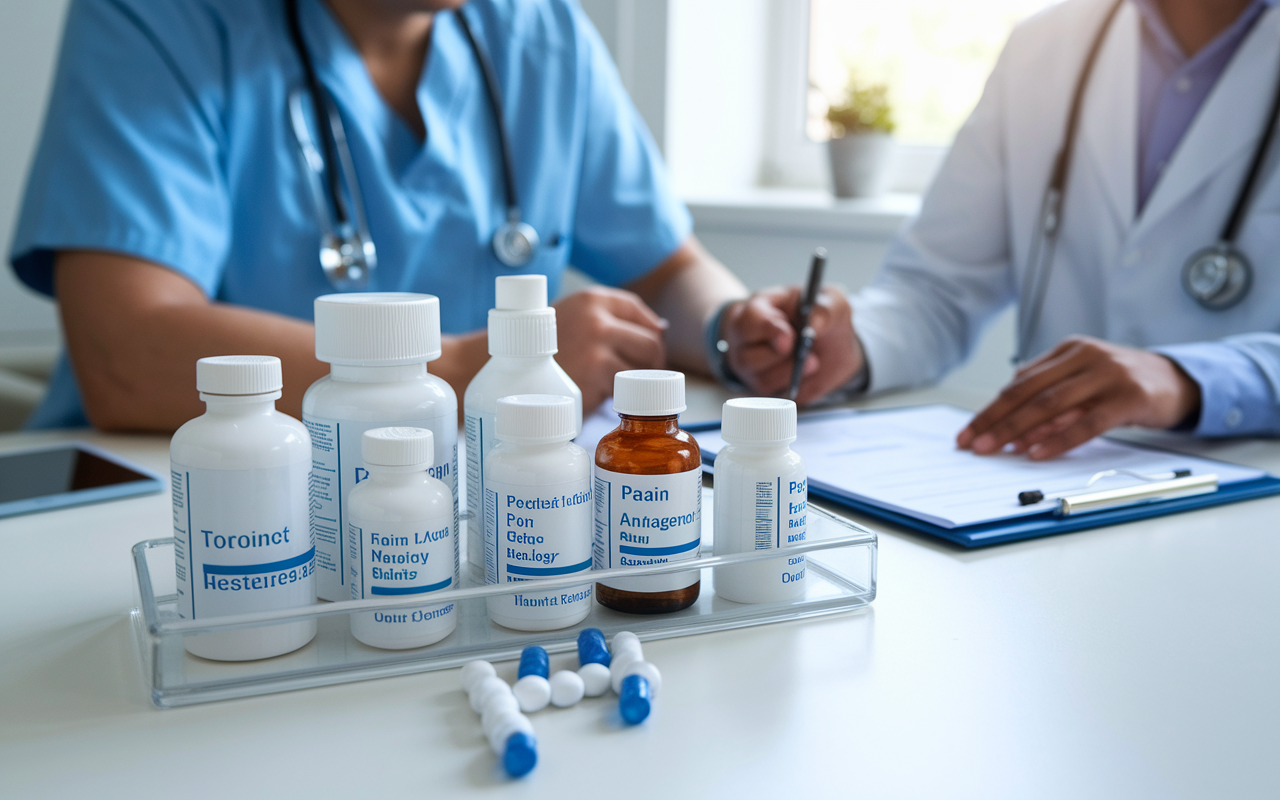 A pharmaceutical display organized neatly on a doctor's desk, showcasing various medication bottles and topical agents specifically for pain management, including non-opioid analgesics and adjuvant medications. A healthcare professional is reviewing a chart with a patient, discussing optimal pain management strategies. The environment reflects a bright, professional setting, emphasizing the thoughtful approach to medication management.