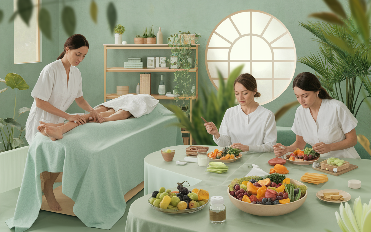 A serene holistic healing environment depicting diverse methods for pain management, such as acupuncture, nutrition, and herbal supplements. Patients are seen in a soothing room during an acupuncture session, while others are preparing healthy meals featuring fresh fruits and vegetables. Soft lighting, natural elements like plants, and calming colors reflect tranquility and wellness, inviting an integrative perspective on health.