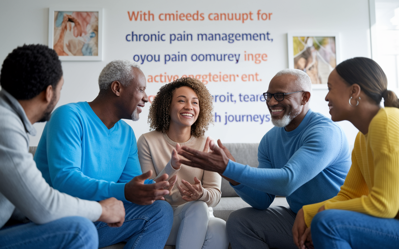 An empowering scene featuring a group of patients participating in a support group for chronic pain management. The setting is bright and inviting, with people sharing their experiences and discussing various pain management options. Supportive smiles and gestures convey a sense of community and resilience. Inspirational quotes on the wall and a warm atmosphere promote positivity and active engagement in personal health journeys.