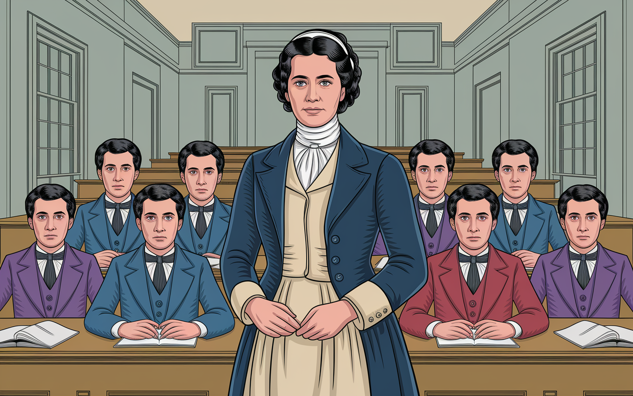 A historical depiction of Elizabeth Blackwell, the first female physician, standing proudly in front of a 19th-century medical school. She is depicted wearing period-appropriate attire, surrounded by male classmates who exhibit expressions of skepticism. The setting is a classic lecture hall adorned with vintage medical instruments, captured in soft, muted colors evoking the 1800s.