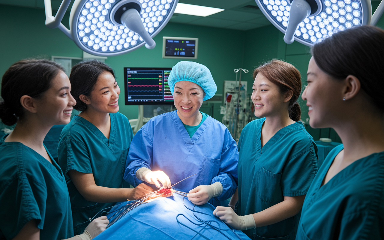 A vibrant scene in a state-of-the-art operating room, where Dr. Amy Lee, a middle-aged Asian female surgeon, is passionately mentoring a group of young women in scrubs. The atmosphere is collaborative and energetic, filled with bright lights, surgical instruments, and monitors displaying vital signs. The expressions of the young women convey inspiration and empowerment, showcasing an encouraging learning environment.