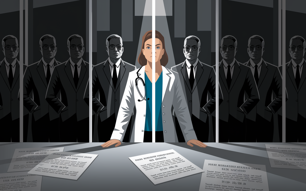 A symbolic representation of a female surgeon standing in an office environment, with a visible barrier made of glass separating her from a group of male executives observing her. The woman looks determined, reflecting frustration and strength, while documents and accolades highlighting her achievements are scattered across her desk. Stark lighting emphasizes the divide, casting long shadows.