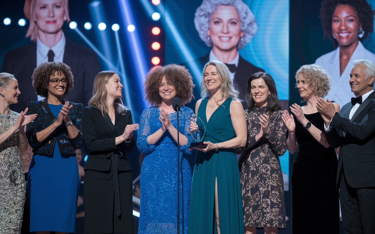 An awards ceremony scene showcasing diverse female surgeons receiving accolades on stage. The atmosphere is filled with applause, bright lights, and a backdrop displaying images of past female pioneers in medicine. The recipients display joy and pride, dressed in formal attire, while audience members exhibit admiration and respect, capturing a sense of progress and recognition.