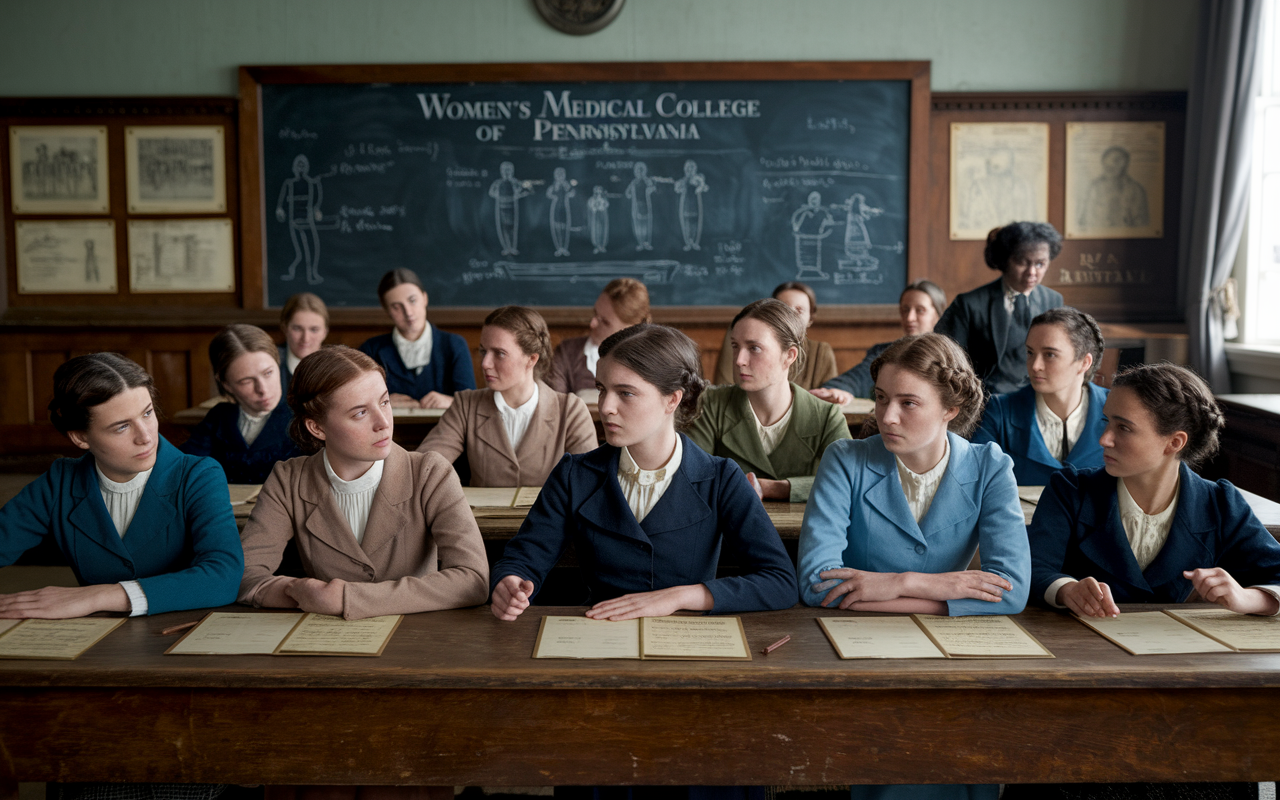 A historical scene showing the first medical school for women, the Women’s Medical College of Pennsylvania, in 1850. Inside a classroom, a group of determined female students in period-appropriate attire, attentively listening to a female professor who passionately discusses medical procedures. The classroom is adorned with wooden desks, chalkboards, and old medical diagrams. The lighting is warm and inviting, reflecting the barriers being broken in this era. Emotions of hope and ambition are palpable among the students, capturing a moment of change in medical education.