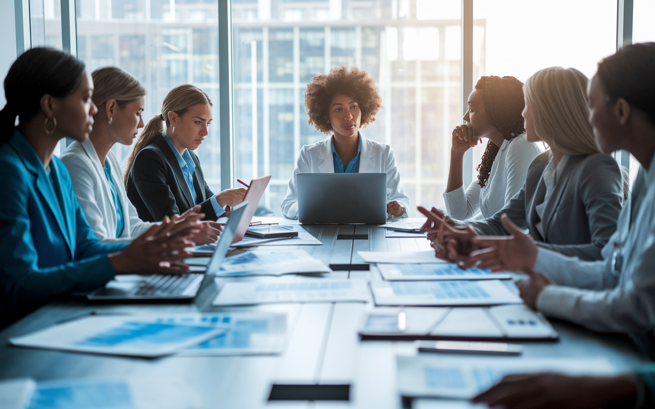 A corporate meeting room filled with a diverse group of female leaders in medicine, engaged in a serious discussion around a conference table. They wear professional attire, with laptops and medical reports scattered around them. Natural light illuminates the room, accentuating their expressions of determination and insight. The sense of focus and collaboration is intense as they navigate the complexities of leadership in a male-dominated field. The image conveys themes of empowerment and progress in combating gender bias within medical institutions.