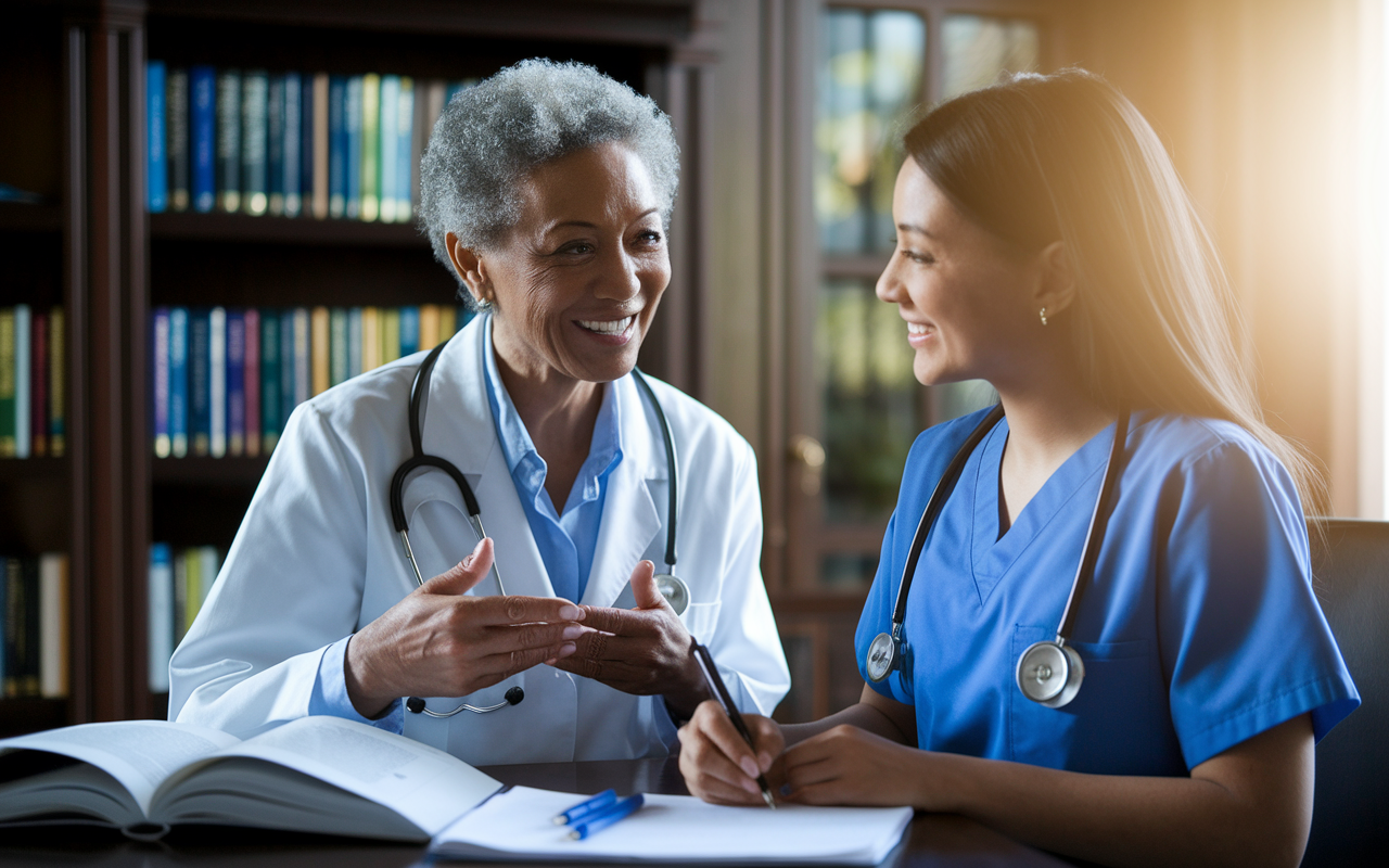 An inspiring scene of a seasoned female physician mentoring a young female medical student in a warm, inviting office filled with medical books and diplomas. The older physician, with a kind smile, is sharing insights while gesturing towards a medical textbook. The student, looking attentive and inspired, takes notes, showing eagerness to learn. Soft sunlight filtering through a window creates a hopeful ambiance, emphasizing the importance of mentorship and support among women in medicine.