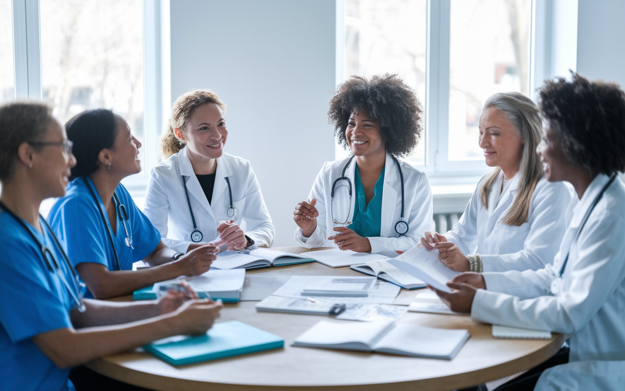 A diverse group of women in medicine engaging in a collaborative discussion at a round table, filled with medical textbooks and research papers. Their expressions are enthusiastic and determined, showcasing a strong sense of community and empowerment. The setting is bright and modern with windows letting in natural light, fostering an atmosphere of hope and collaboration. The women represent various backgrounds and specialties, emphasizing unity and the pursuit of gender equity in healthcare.