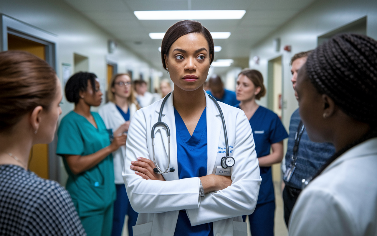 A determined female doctor in a white coat stands confidently in a hospital corridor, with an air of resilience. The scene captures her with a focused expression as she engages with colleagues, with some showing skepticism. The background features hospital staff in discussion and busy patients, illustrating the high-stakes environment and the challenges of female doctors in proving their worth.