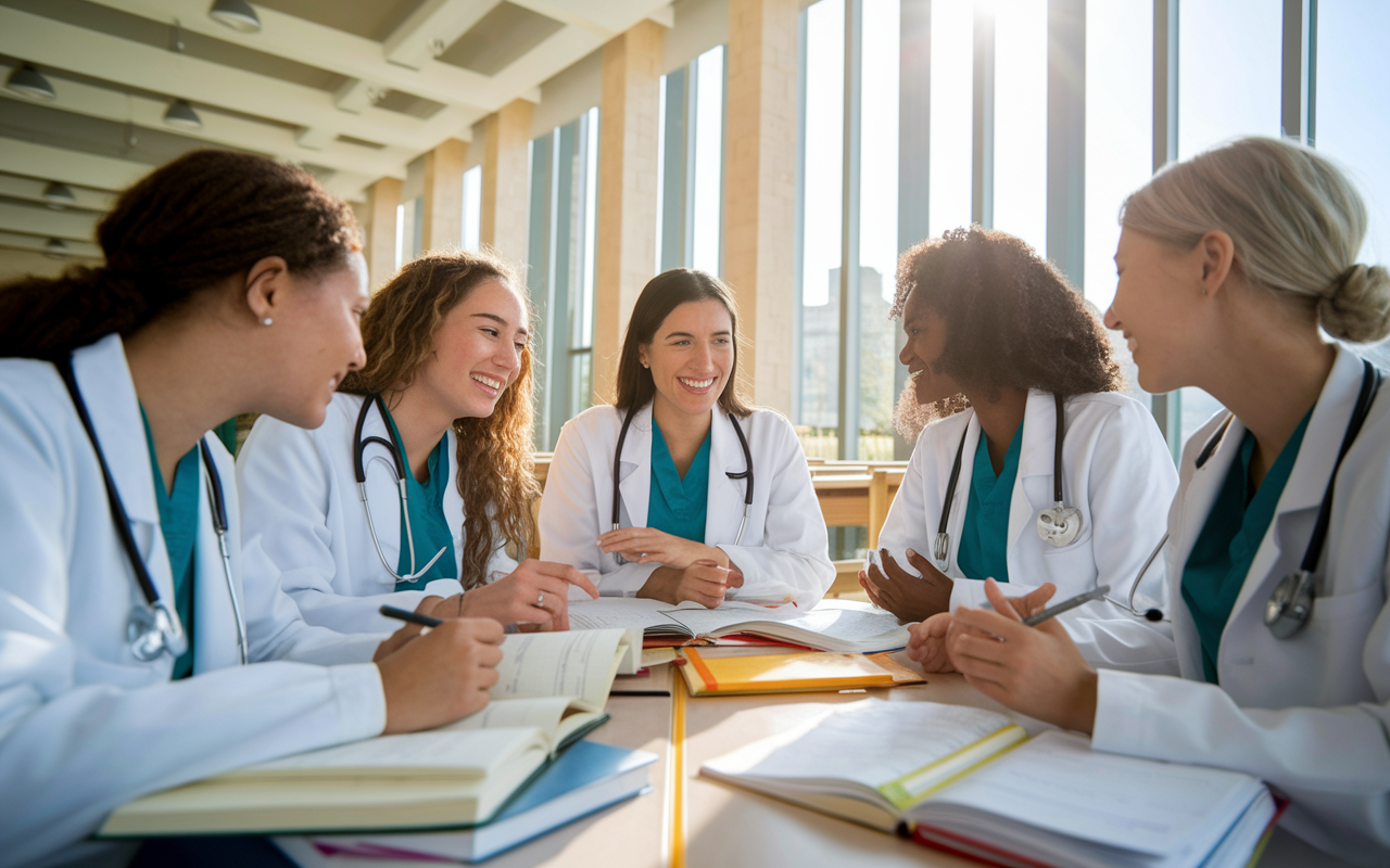 A lively study group of female medical students gathered around a table in a bright, modern library. Books, medical journals, and notes are strewn around as they engage in animated discussion, sharing insights and problem-solving together. The environment is warm, with sunlight streaming through large windows, highlighting the supportive and collaborative atmosphere.