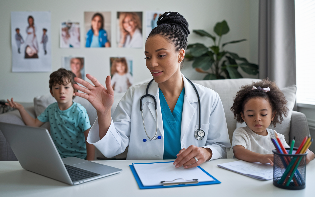 A female doctor at her home office, balancing her medical practice and family life. She's on a video call with patients while her young children play nearby. The scene captures the juggling act of her professional responsibilities and personal life, with a focused yet warm atmosphere. The office is equipped with medical charts and family photos, illustrating her dual role.