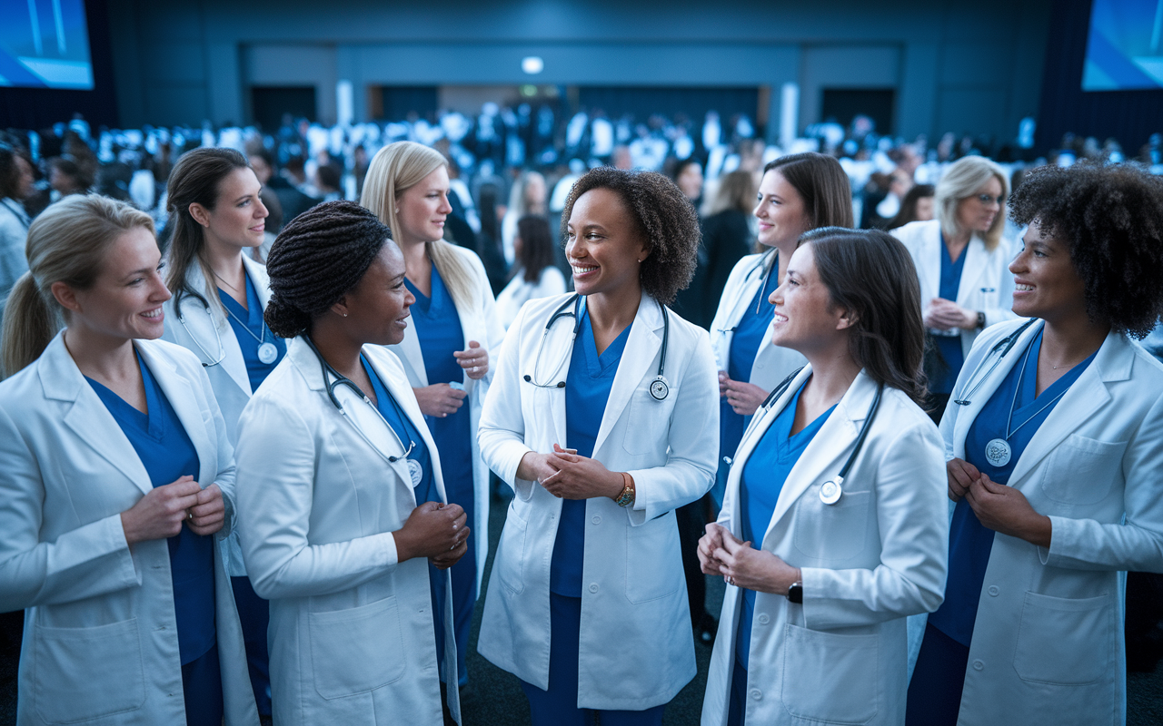 A group of diverse female doctors gathering at a conference, passionately discussing healthcare policies. The setting is dynamic, with a large, modern conference room filled with other medical professionals. The women, representing various specialties and backgrounds, exude confidence and determination, symbolizing their commitment to advocacy and leadership in the medical field.