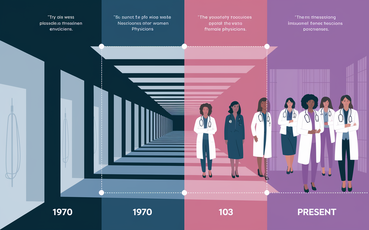 A timeline poster showcasing the evolution of female representation in medicine from 1970 to the present. The left side displays a stark visual of an empty hospital corridor in 1970, symbolizing the scarcity of women physicians, while the right showcases a vibrant, busy hospital environment filled with diverse female doctors. Use contrasting colors to signify the journey, with motivational quotes from influential female physicians throughout the timeline.