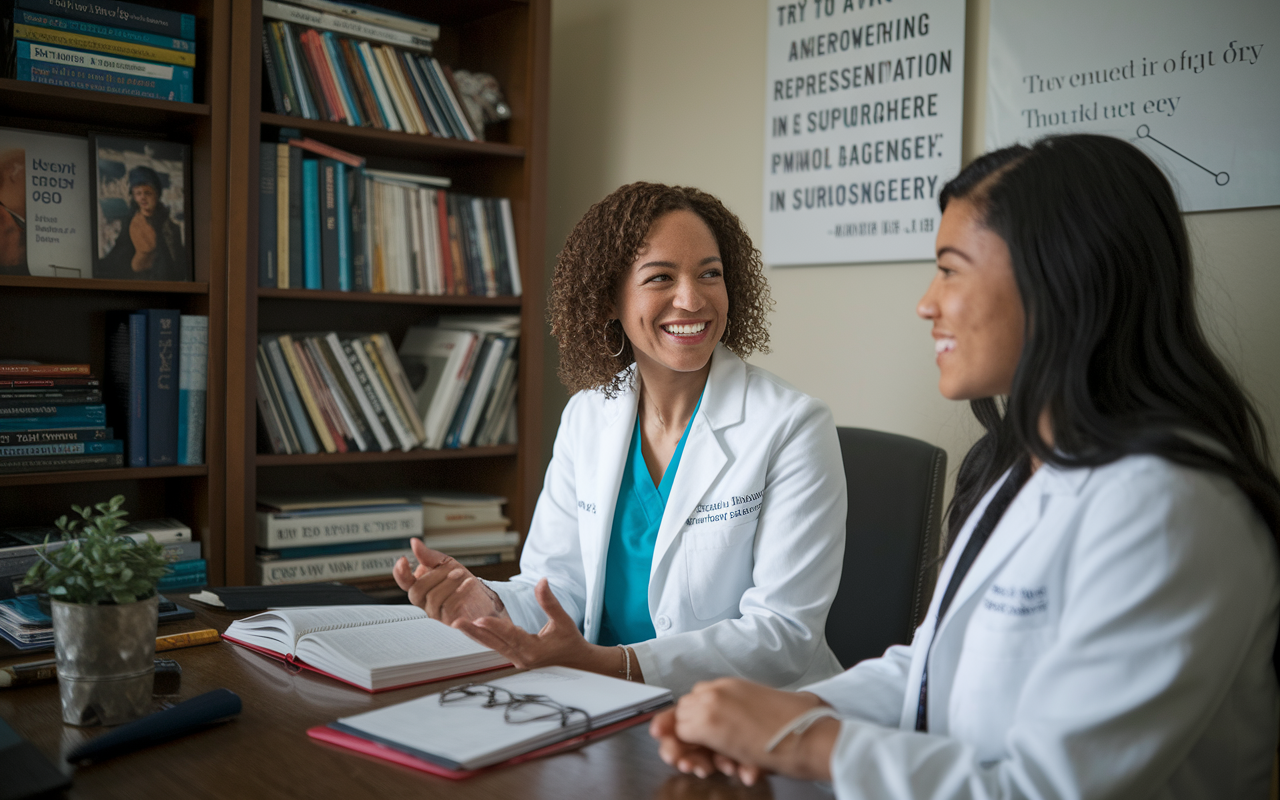 A warm, intimate scene capturing the moment of mentorship between Dr. Emily Johnson, a female orthopedic surgeon, and a young medical student in a cozy office filled with medical books and inspirational quotes. The two women, engaged in deep discussion, share a genuine smile, reflecting the support and encouragement found in mentorship. Include a poster on the wall displaying statistics on female representation in surgery, enhancing the empowering atmosphere.