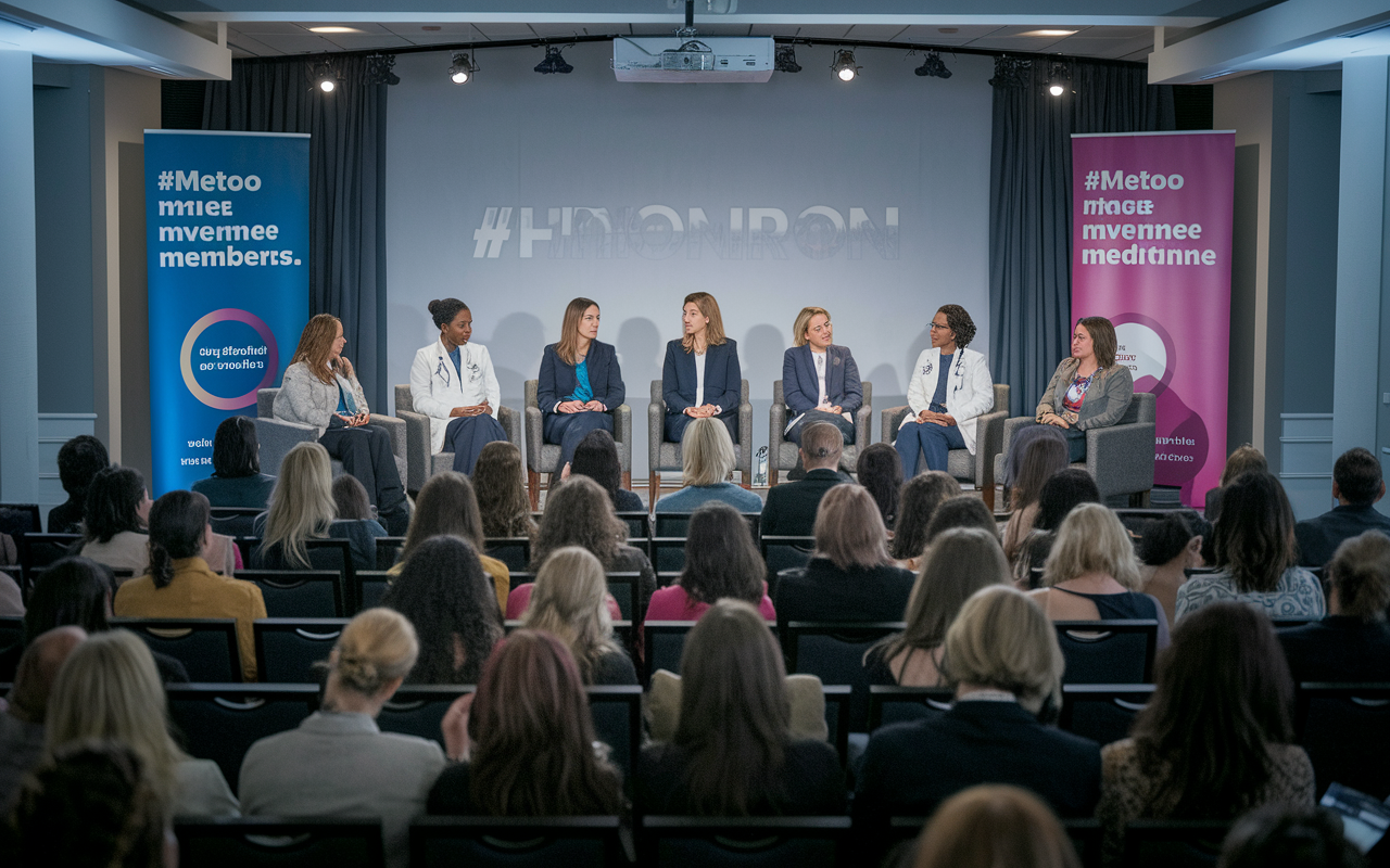 A dynamic panel discussion featuring a diverse group of female physicians speaking passionately about gender equality in a well-lit conference room filled with engaged audience members. Banners and displays promote the #MeToo movement and equal pay, enhancing the atmosphere of solidarity and empowerment. The lighting should focus on the speakers, creating a sense of urgency and hope in addressing systemic challenges in medicine.