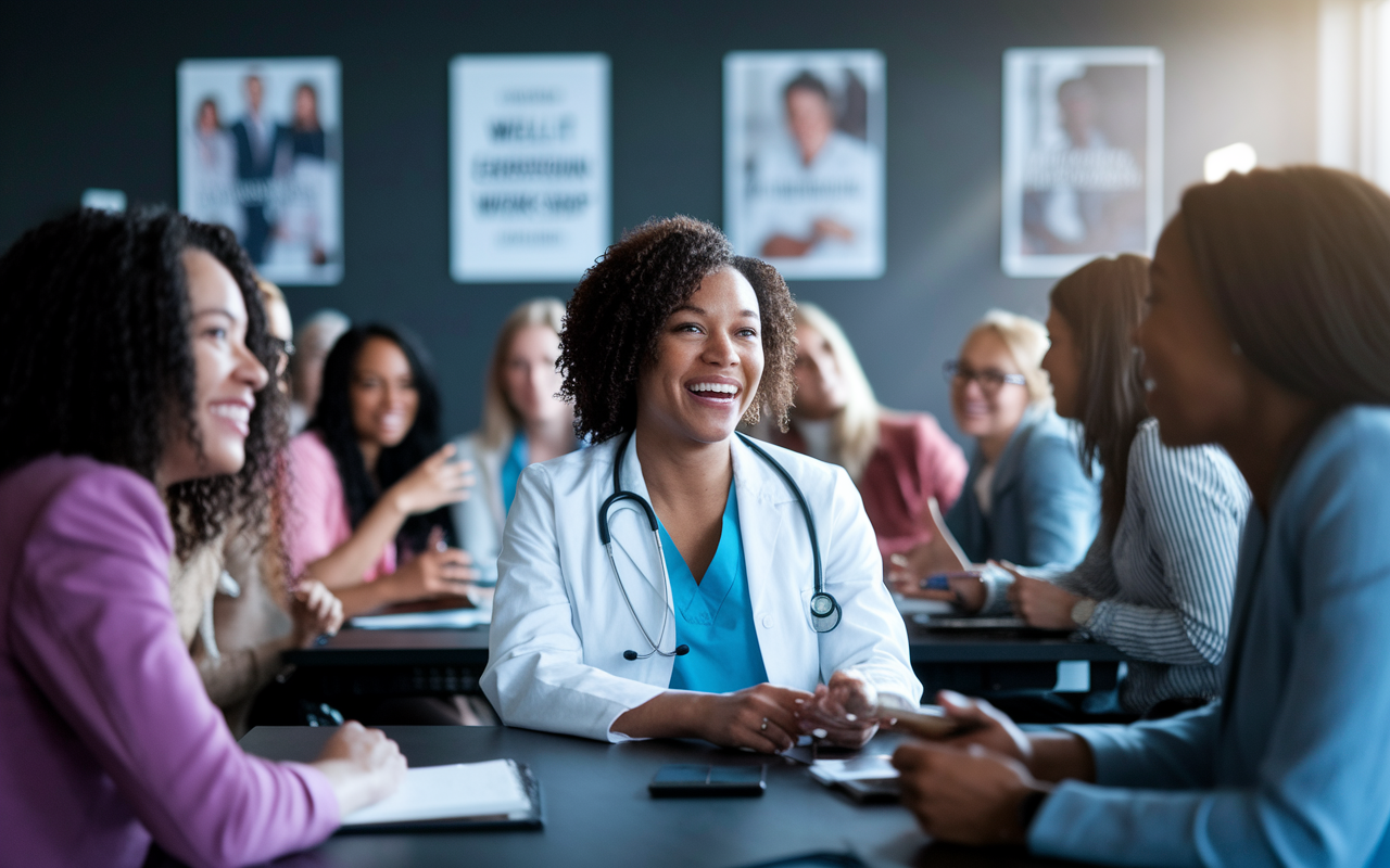 An inspiring scene of a female physician attending a leadership workshop, surrounded by diverse women, all engaging in lively discussion. The workshop is set in a modern, well-lit conference space adorned with motivational posters. Focus on the expressions of excitement and determination, capturing the essence of empowerment and personal growth, with natural light enhancing the atmosphere.