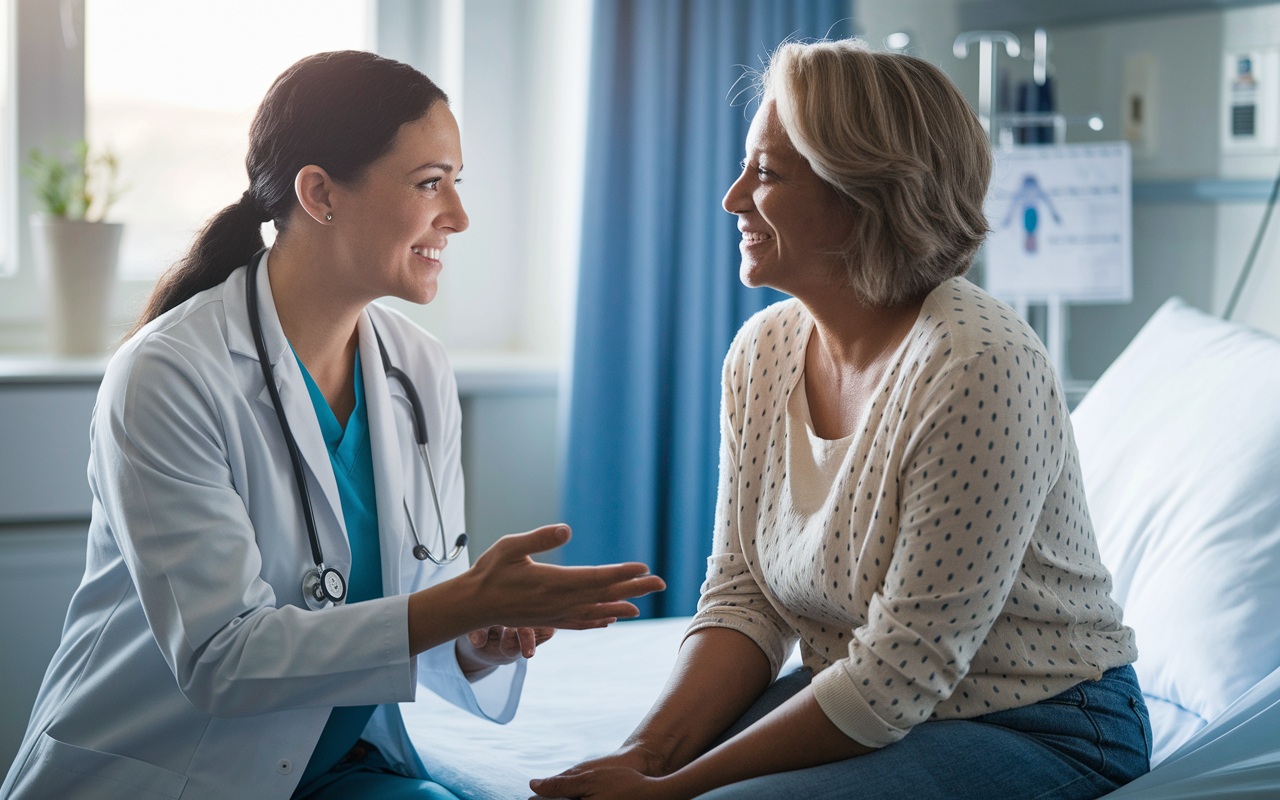 An empathetic female physician in scrubs and a white coat kneeling beside a patient in a hospital room, displaying a warm smile while discussing treatment options. The room is filled with natural light, creating a comforting atmosphere. The patient, a middle-aged woman, appears relieved and engaged, showcasing an emotional moment of trust and rapport. Medical instruments and a bedside chart add context, emphasizing patient-centered care.