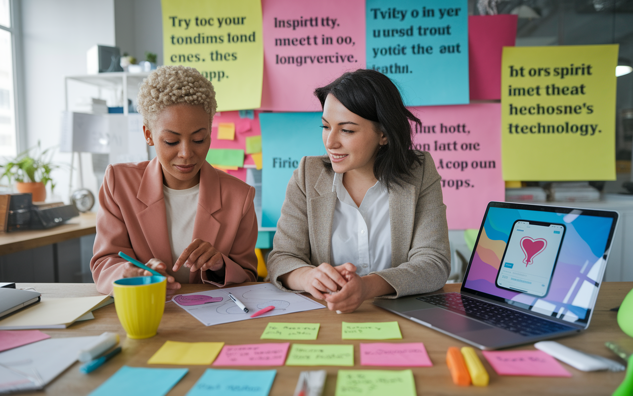 A lively workspace showcasing women collaborating on health technology: two female entrepreneurs discussing over a laptop screen displaying a menstrual tracking app. They are surrounded by sticky notes, diagrams, and health-related gadgets. Bright colors and inspiring quotes on the walls create an innovative and motivational atmosphere, highlighting the spirit of creativity and progress in women's health technology.