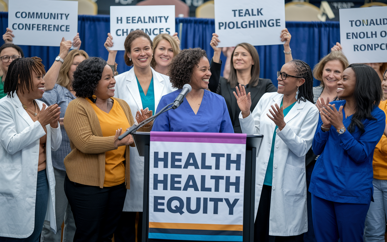 A group of diverse women healthcare leaders passionately advocating for systemic change at a community health conference. They are standing at a podium with a banner promoting health equity, engaging with an audience of varying ages and genders. The setting is filled with banners and empowering visuals, while the atmosphere is lively and participatory, emphasizing solidarity and collective action for health policy reform.