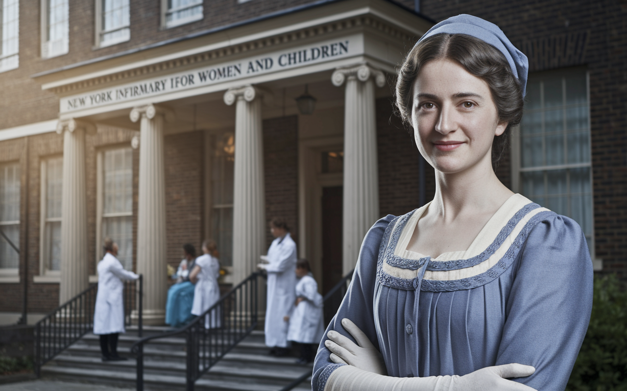 Portrait of Elizabeth Blackwell in her 30s, wearing a 19th-century medical gown with a confident smile, standing in front of the New York Infirmary for Women and Children. The backdrop should show the infirmary with historical architectural details, include women and children being cared for by female physicians, and emphasize a nurturing environment. A soft, warm light envelops the scene, emphasizing her legacy as a pioneer.