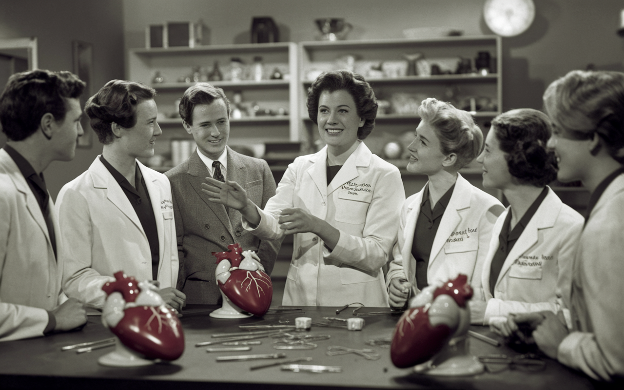 A nostalgic 1950s laboratory scene depicting Helen Brooke Taussig passionately demonstrating the first artificial heart valve to a group of captivated medical students. The lab is filled with vintage medical tools and models of the heart, with a warm, reassuring glow indicating her success in pediatric cardiology. Taussig's expression is one of triumph and inspiration, emphasizing her groundbreaking work.