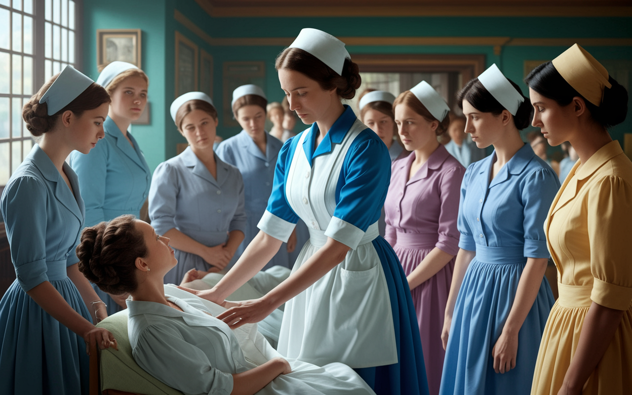 A poignant historical scene depicting Mary Eliza Mahoney in her nursing uniform, confidently attending to patients in a 19th-century hospital. Surrounded by a diverse group of women in similar attire, the scene is vibrant with care and compassion, showcasing Mahoney's dedication to her patients. Natural lighting creates a warm and inviting ambiance, symbolizing her commitment to diversity in nursing.