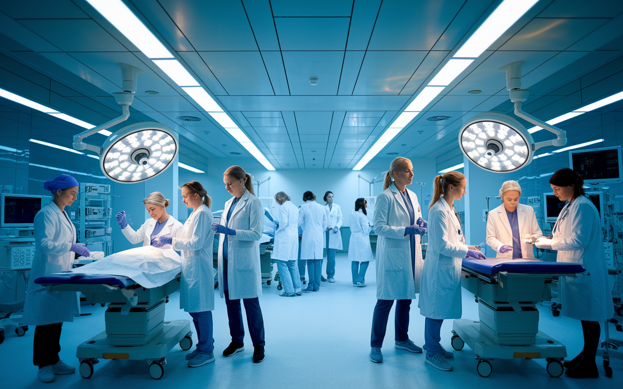 A forward-looking scene in a contemporary hospital, showcasing a diverse group of women doctors in action: performing surgery, examining patients, and collaborating in research. The atmosphere is dynamic and filled with energy, with advanced medical technologies visible. Bright fluorescent lighting emphasizes the innovation atmosphere, reflecting the ongoing contributions of women in medicine today.