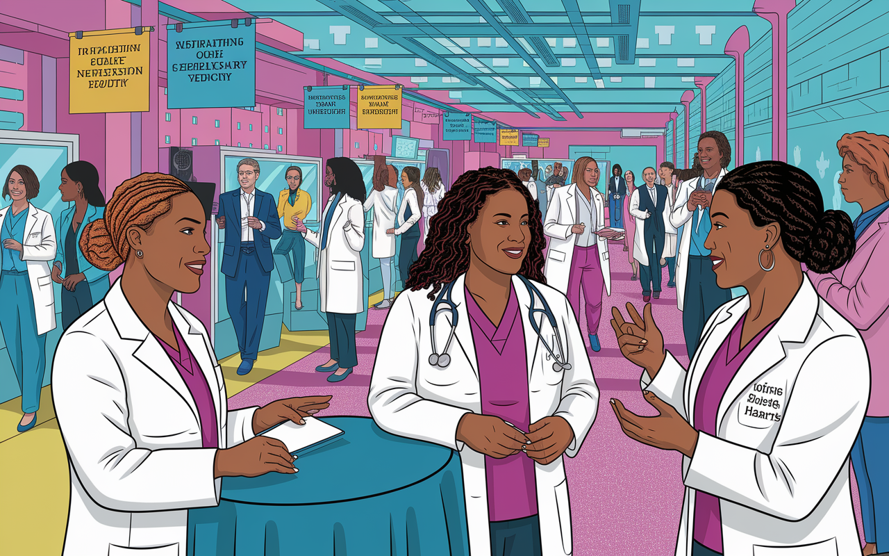 A vibrant modern scene depicting contemporary medical leaders like Kizzmekia Corbett and Nadine Burke Harris engaged in impactful discussions and research at a medical conference. The setting is filled with state-of-the-art technology, diverse professionals networking, and banners advocating for health equity. The mood is inspirational and energetic, showcasing the continuing legacy of women in medicine.