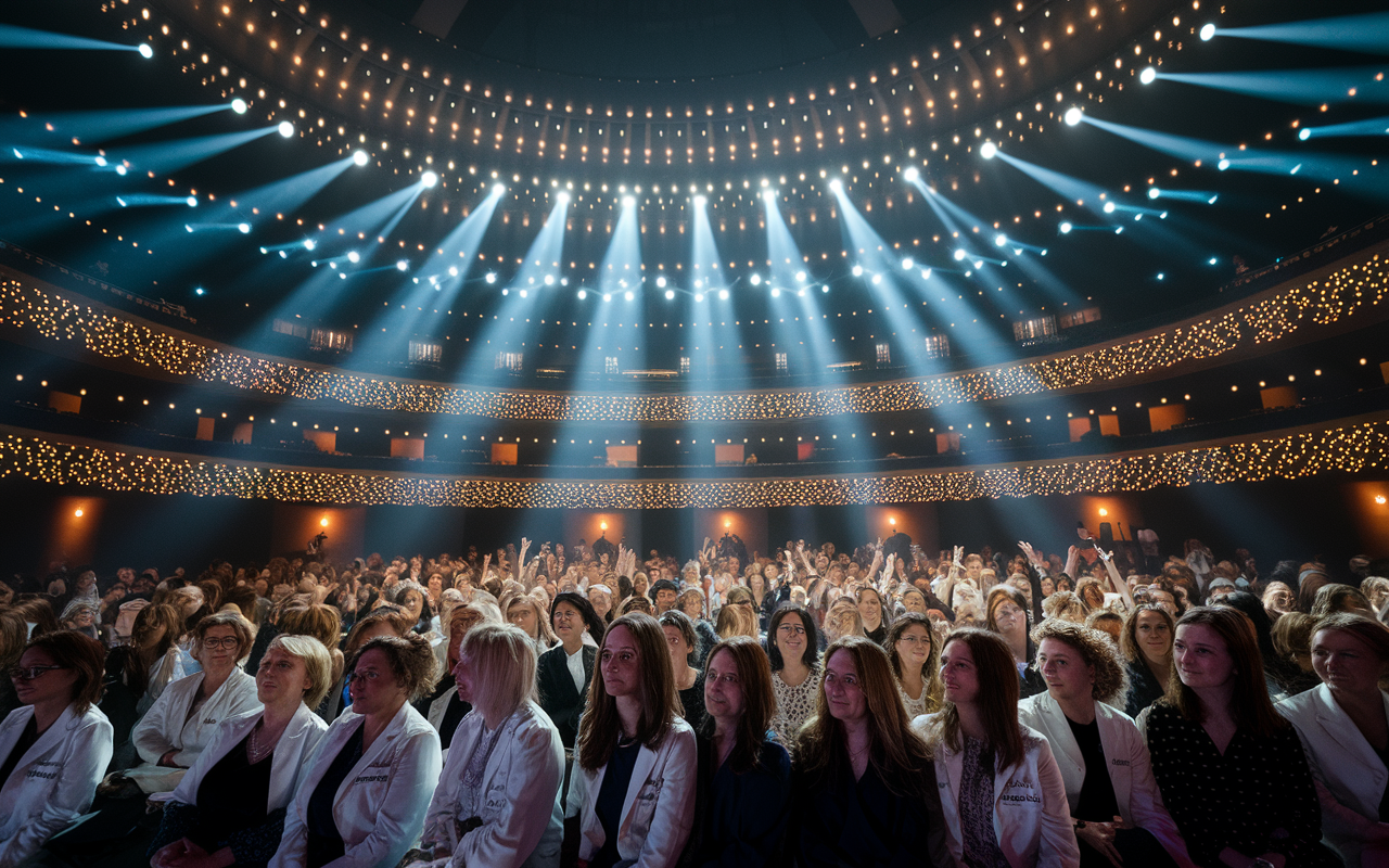 A celebratory gathering of female medical professionals across various specializations, sharing inspiring stories and achievements, set against a backdrop of a beautifully decorated auditorium. Lights softly shining down, full of warmth and excitement, showcasing a spectrum of emotions from pride to hope, encapsulating the legacy of women in medicine.