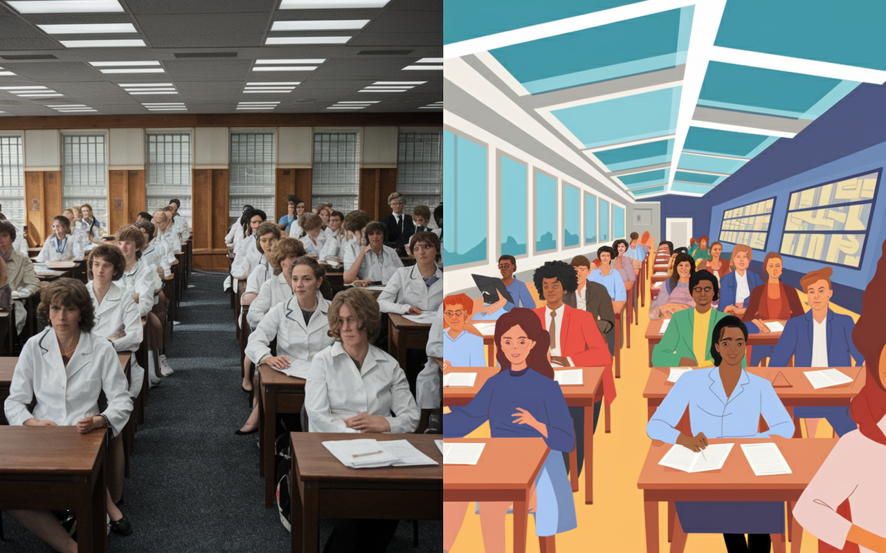 A visual timeline showcasing the evolution of women's roles in medicine from the 1970s to present. The left side shows a 1970s medical classroom with a few female medical students intermixed with male students, a setting filled with traditional elements. The right side contrasts this with a contemporary classroom filled with diverse groups of students, engaging actively with modern teaching aids. The atmosphere radiates inclusivity and progress, highlighting the landmark changes in gender representation in the medical field.