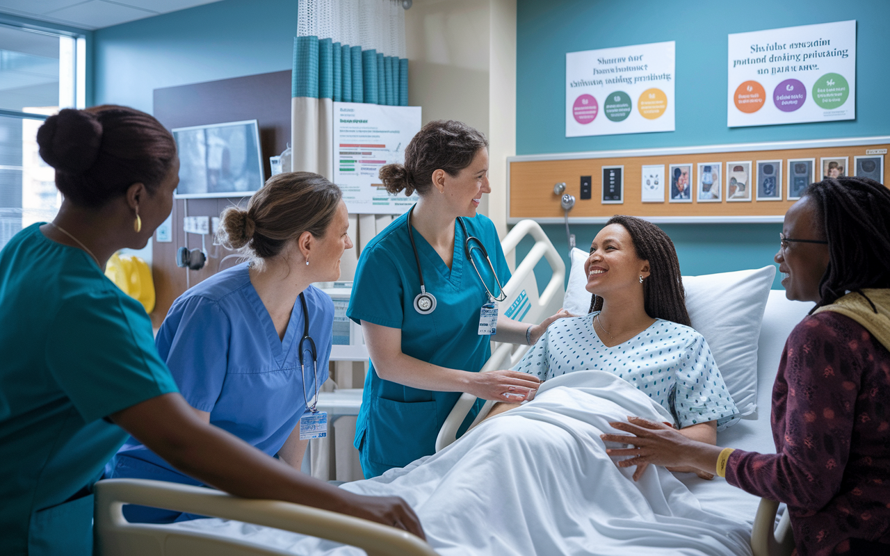 A busy hospital ward depicted with a female leader in scrubs interacting empathetically with a patient and their family. The environment is bright and welcoming, showcasing healthcare staff collaborating around the patient’s bed. There’s a visible charts and posters emphasizing patient education and shared decision-making principles on the walls. The emotions in the scene convey warmth, compassion, and commitment to improving patient care.