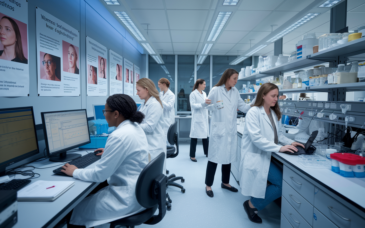 A state-of-the-art laboratory where a group of female researchers are engaged in groundbreaking research on women's health issues. One woman is analyzing data on a computer while others are discussing findings over lab equipment. The scene is high-tech, radiating a sense of innovation and dedication. Posters showcasing significant findings relevant to women's healthcare decorate the walls.