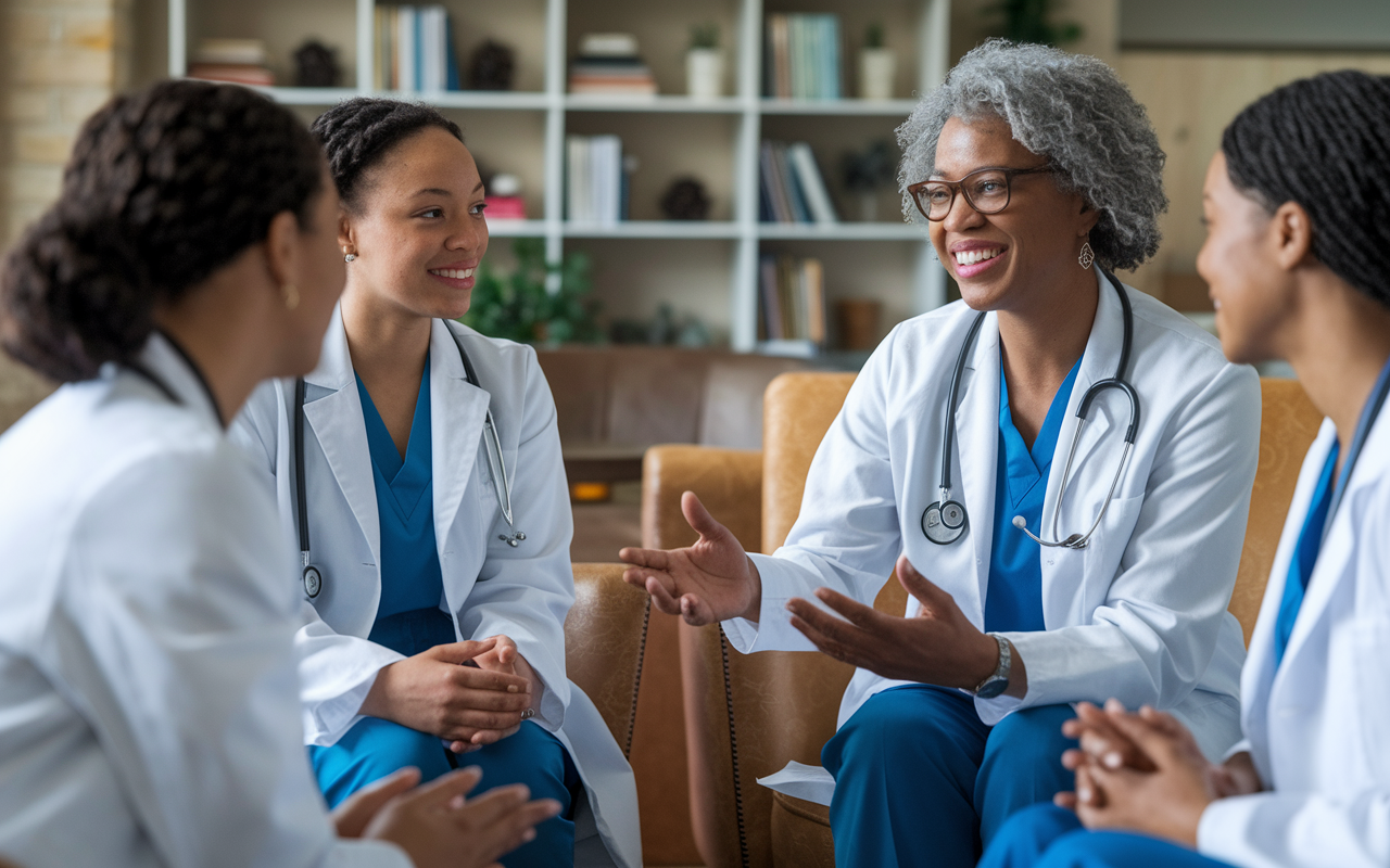 A warm and inviting mentoring session featuring an established female doctor sharing her experiences with a group of young female medical students. The setting is a cozy lounge area, complete with inspiring bookshelves and coffee. Their expressions reflect attentiveness and aspiration, emphasizing the importance of support and guidance in mentoring young women in healthcare.