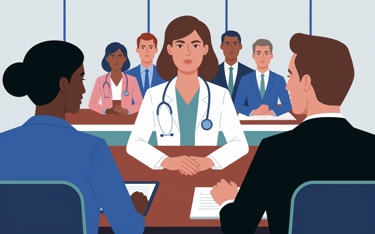 A poignant illustration of a female physician in a professional setting facing skepticism from a male colleague during a meeting. The contrast between her confident demeanor and his doubtful expression communicates the challenges of gender bias in the workplace. The backdrop features a diverse team, with one or two colleagues visibly supporting her perspective, showcasing the ongoing struggle against stereotypes.